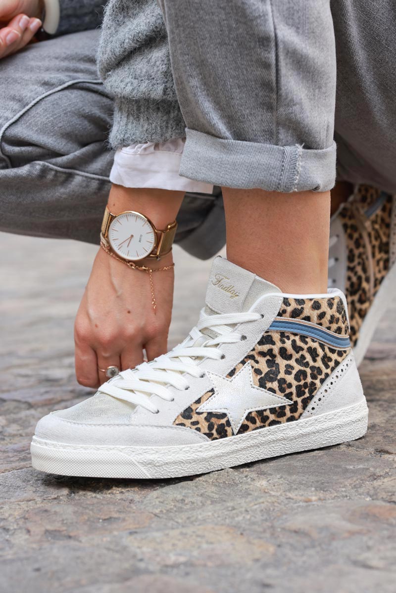 Zapatillas altas con cremallera gris plateado con estampado de estrellas y leopardo