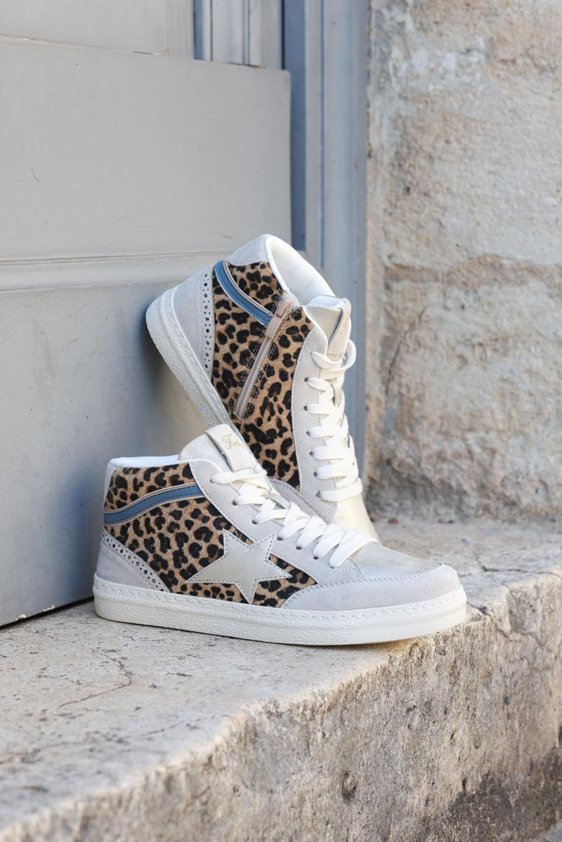 Zapatillas altas con cremallera gris plateado con estampado de estrellas y leopardo