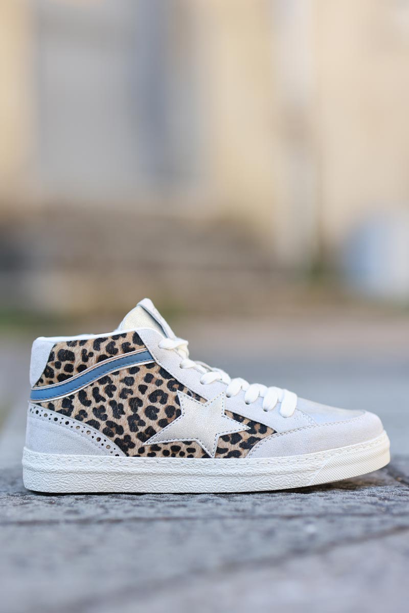 Zapatillas altas con cremallera gris plateado con estampado de estrellas y leopardo