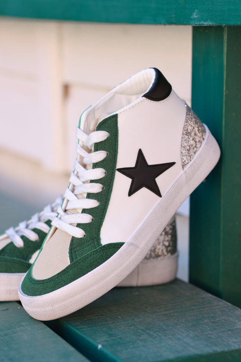 Green and White Star Sueded High Top Sneakers