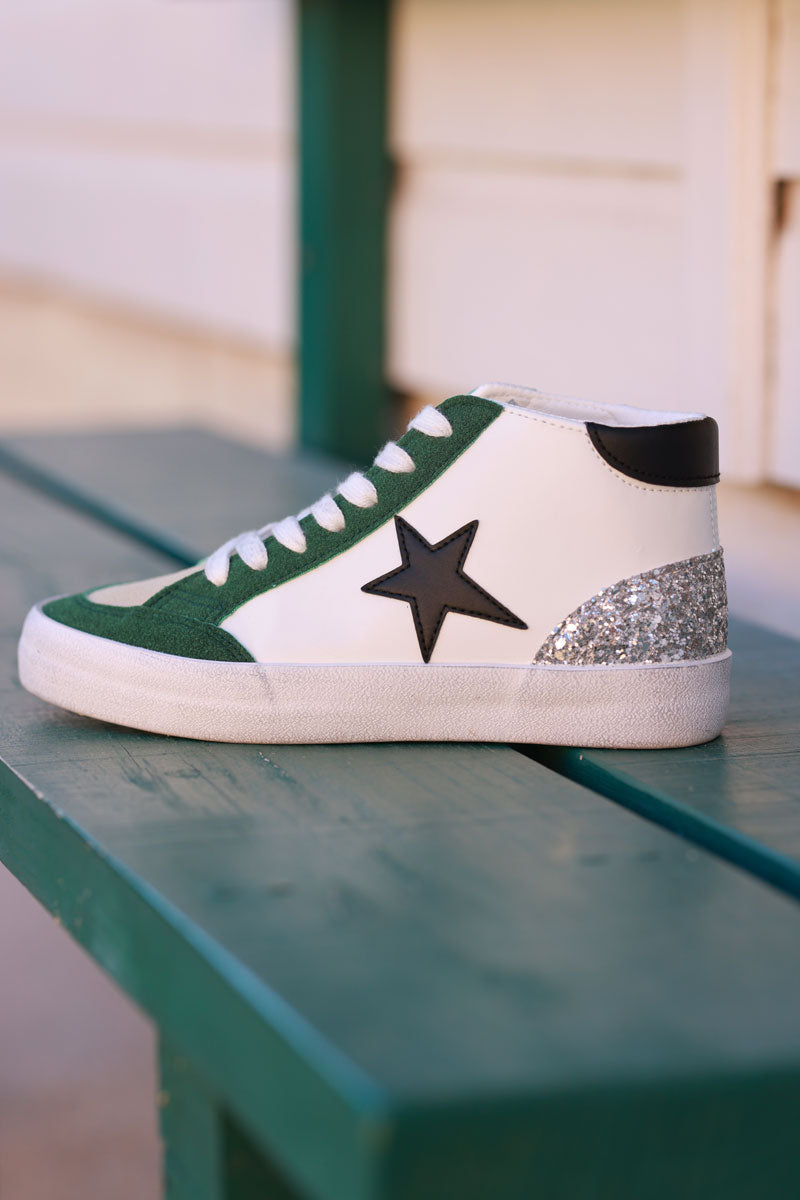 Green and White Star Sueded High Top Sneakers