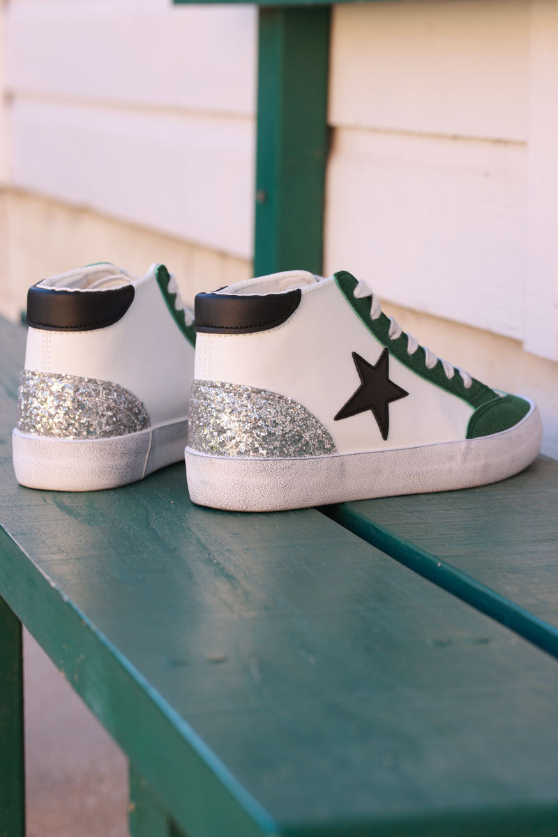 Green and White Star Sueded High Top Sneakers