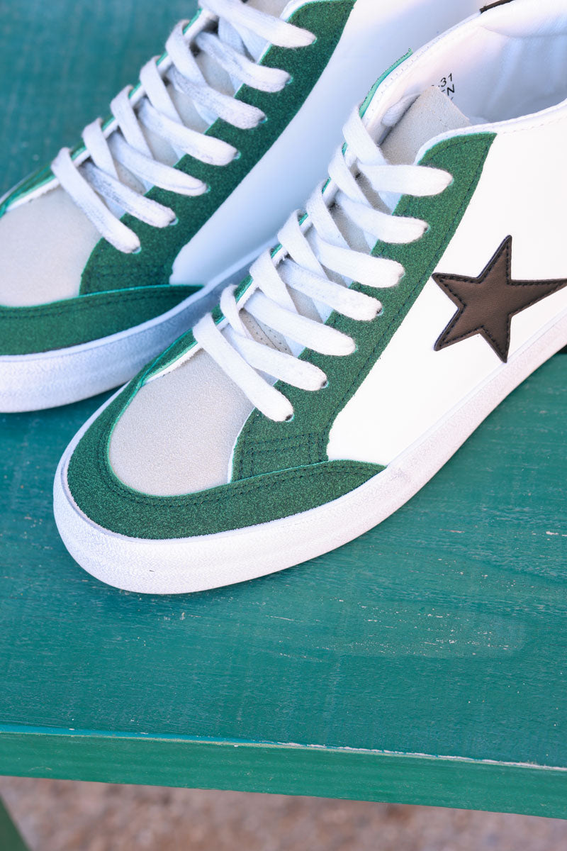 Green and White Star Sueded High Top Sneakers