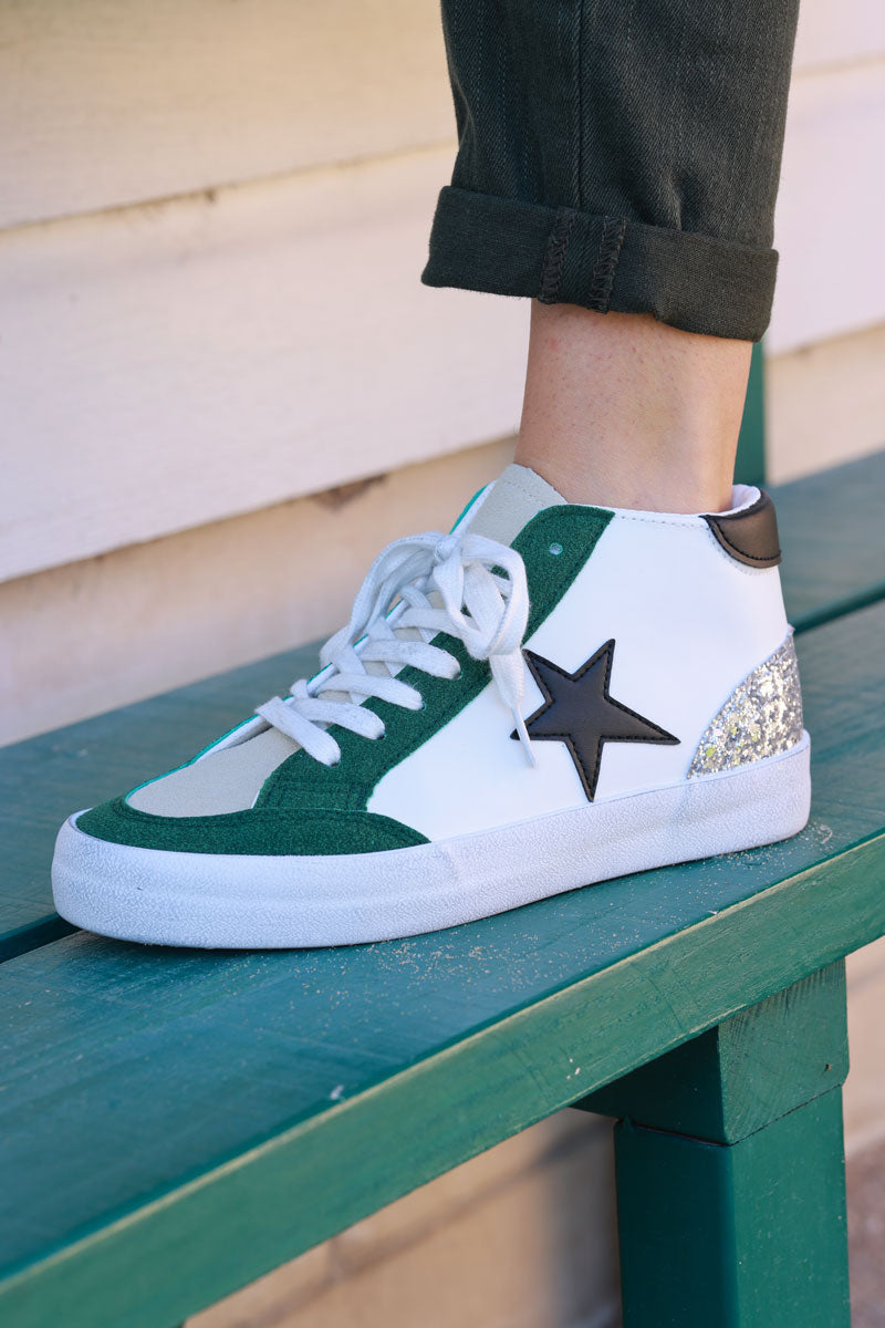 Green and White Star Sueded High Top Sneakers