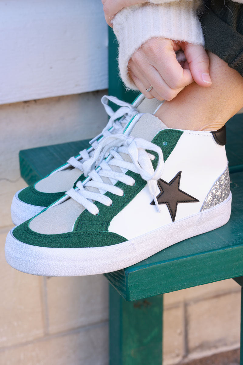 Green and White Star Sueded High Top Sneakers