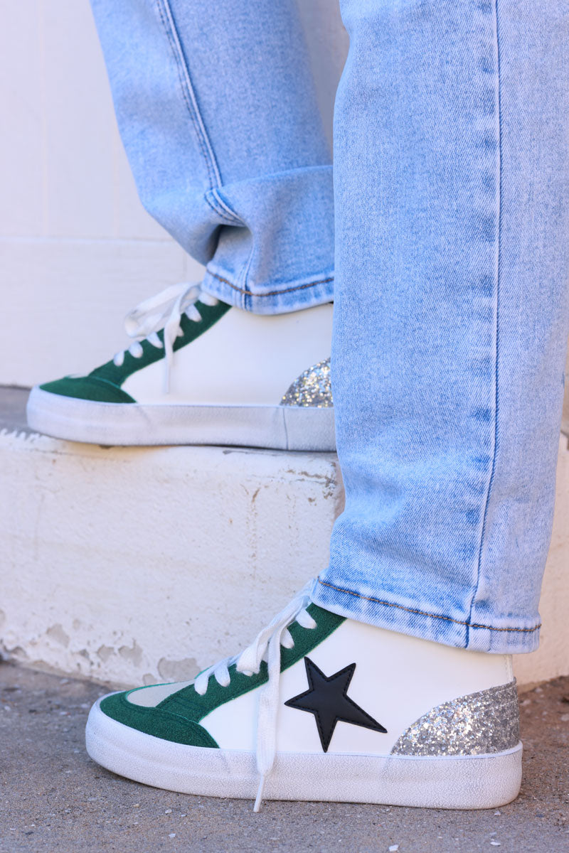 Green and White Star Sueded High Top Sneakers