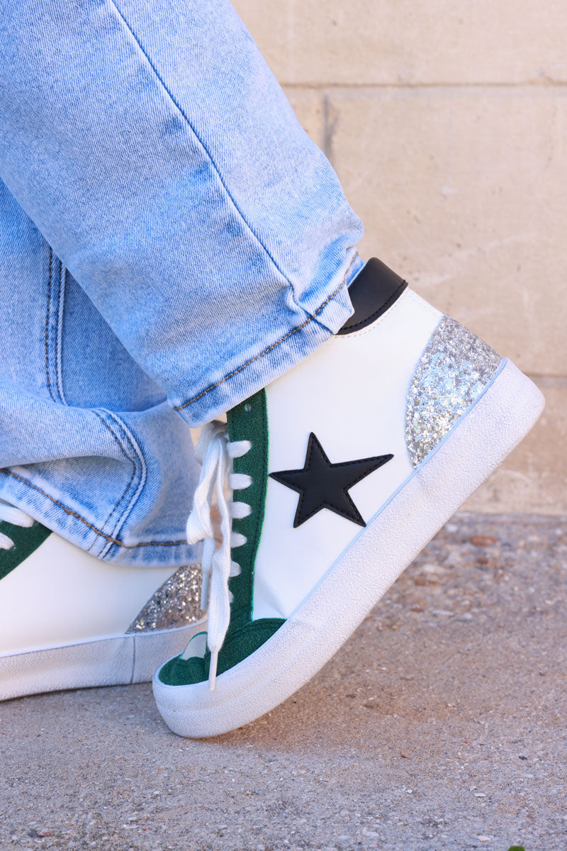 Green and White Star Sueded High Top Sneakers