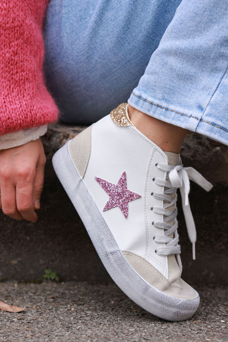 White Vegan Leather Glitter Star High Top Sneakers