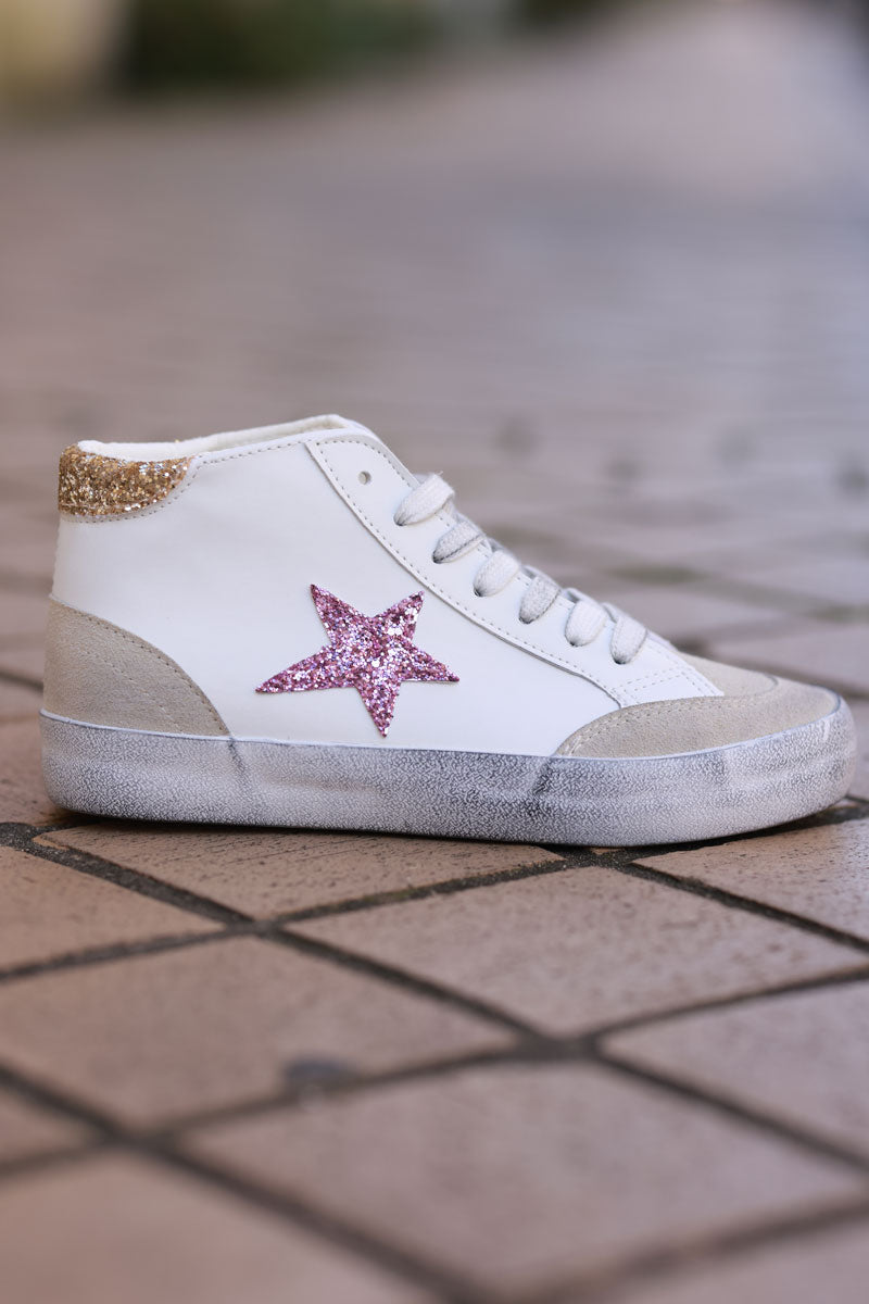 White Vegan Leather Glitter Star High Top Sneakers