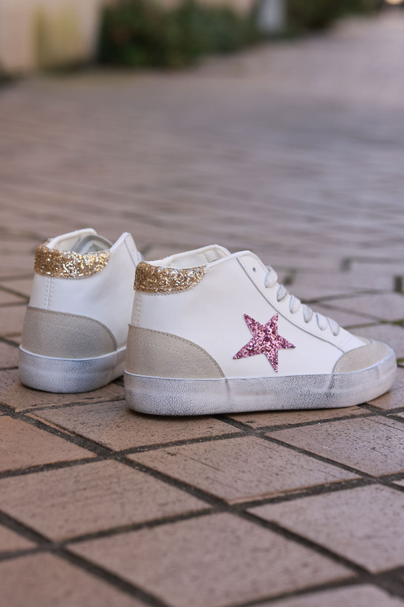 White Vegan Leather Glitter Star High Top Sneakers