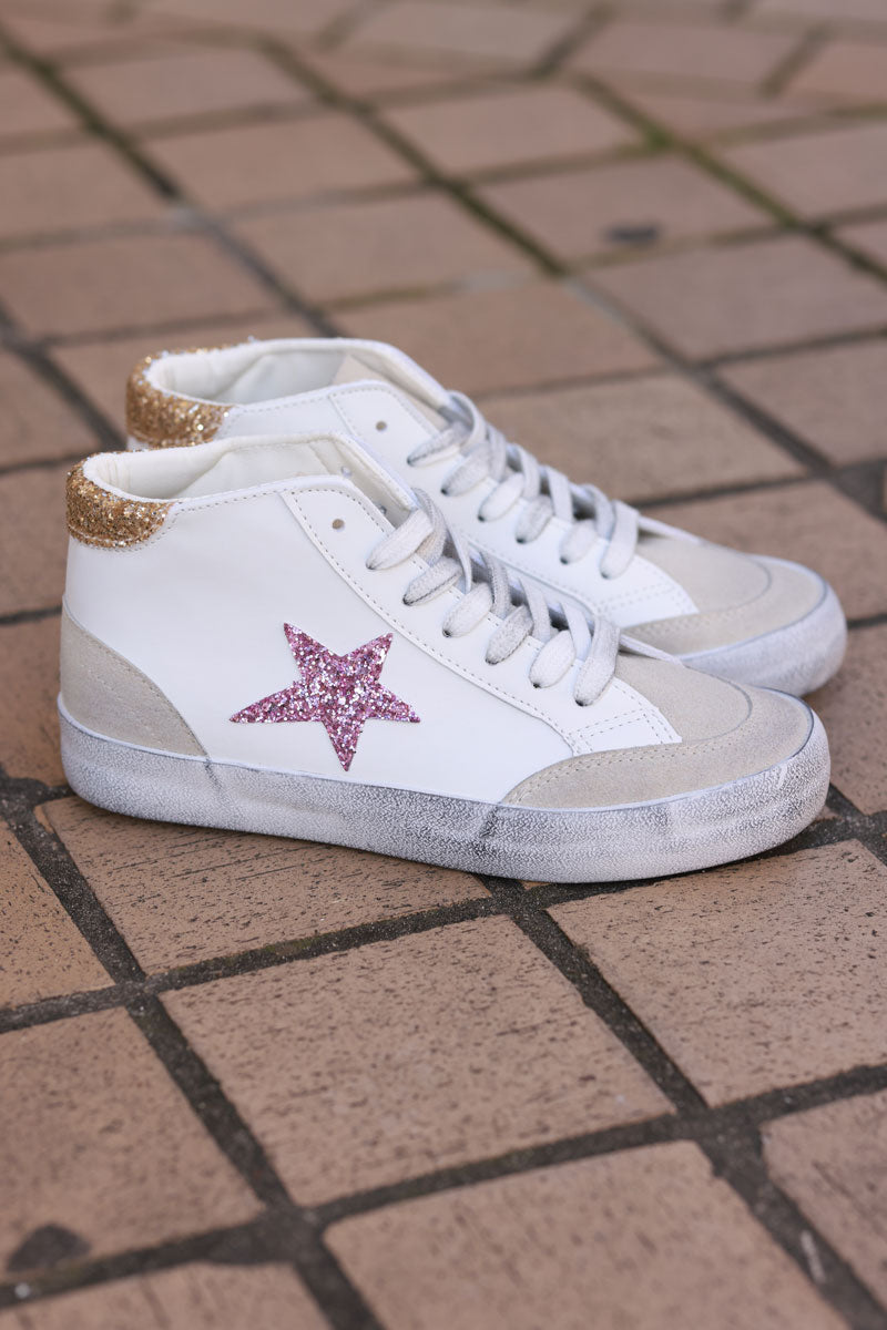 White Vegan Leather Glitter Star High Top Sneakers