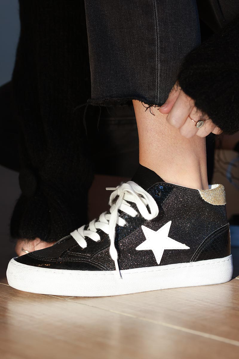 Black Sparkle Star Sueded High Top Sneakers