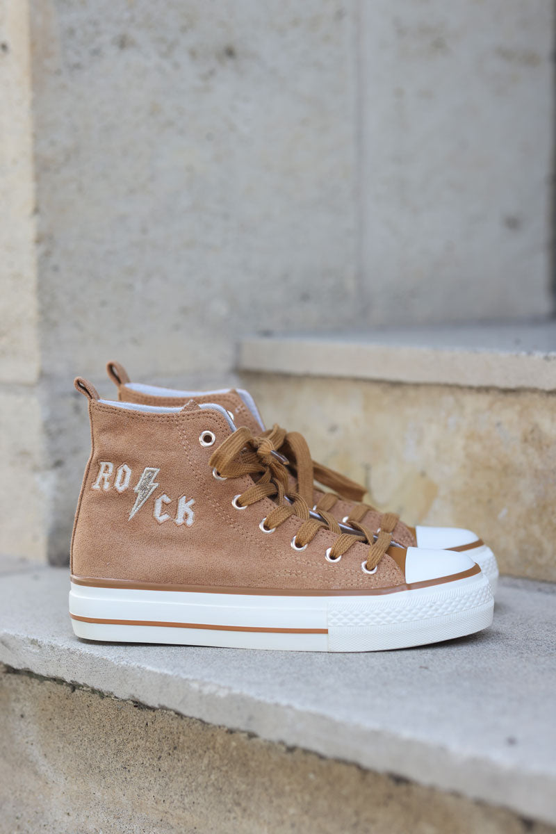 Camel suede hi sneakers with rock embroidery and sparkly details