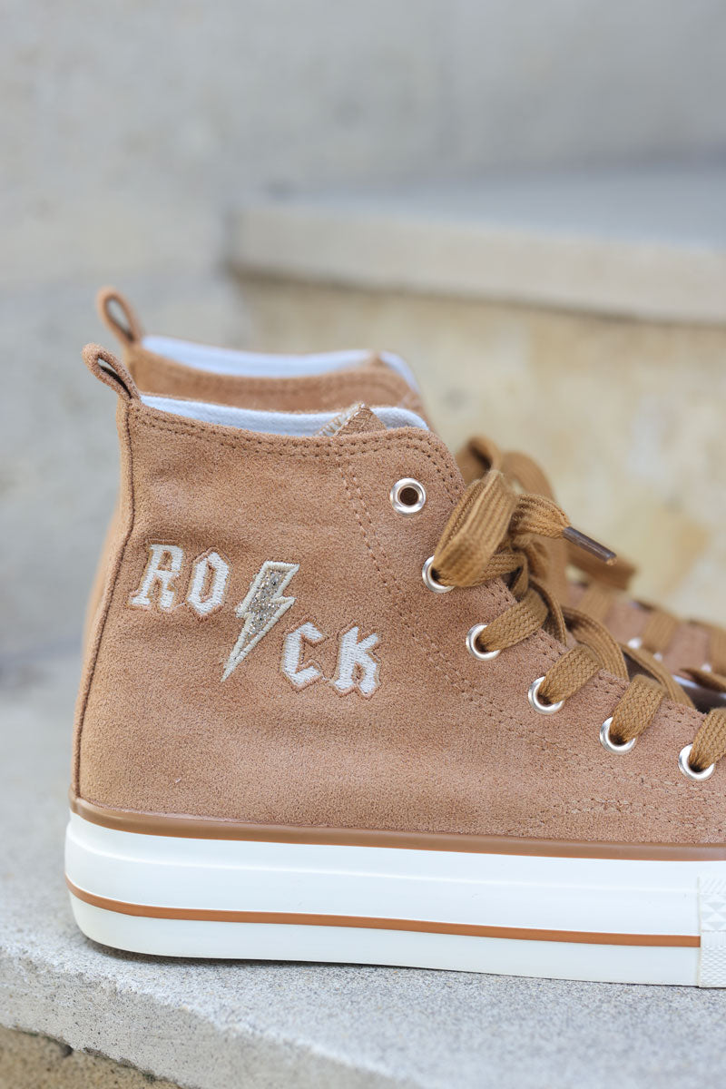 Camel suede hi sneakers with rock embroidery and sparkly details