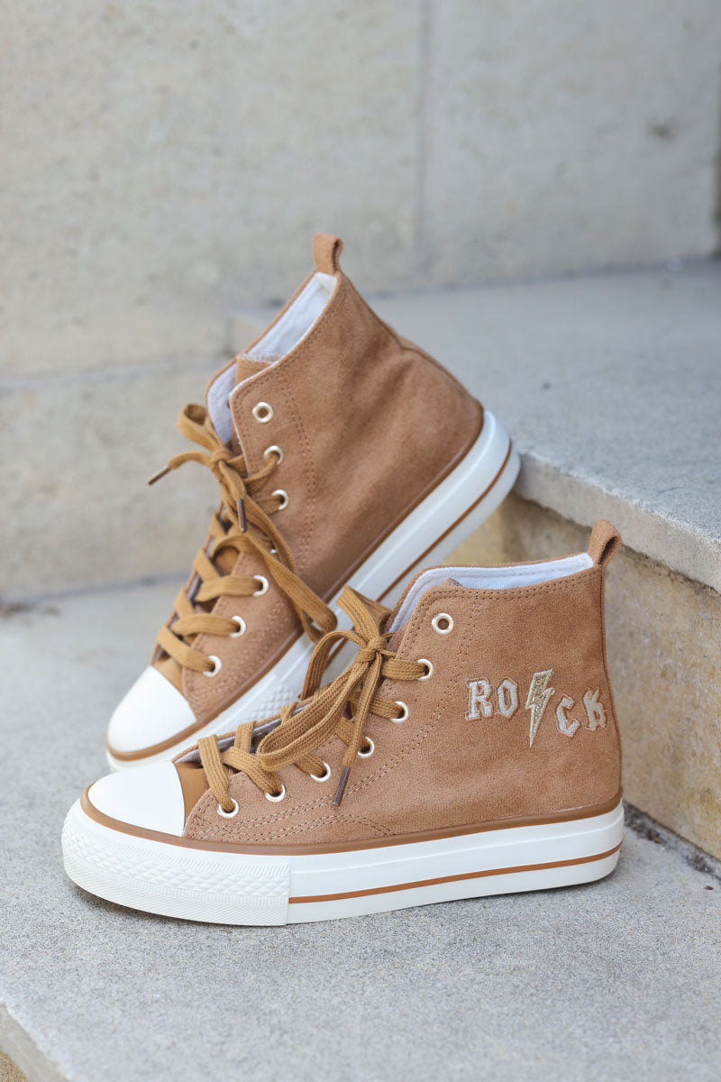 Camel suede hi sneakers with rock embroidery and sparkly details