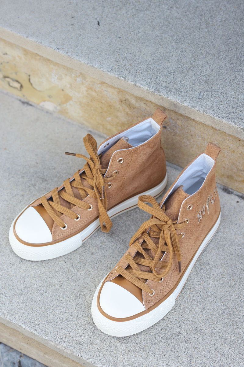 Camel suede hi sneakers with rock embroidery and sparkly details