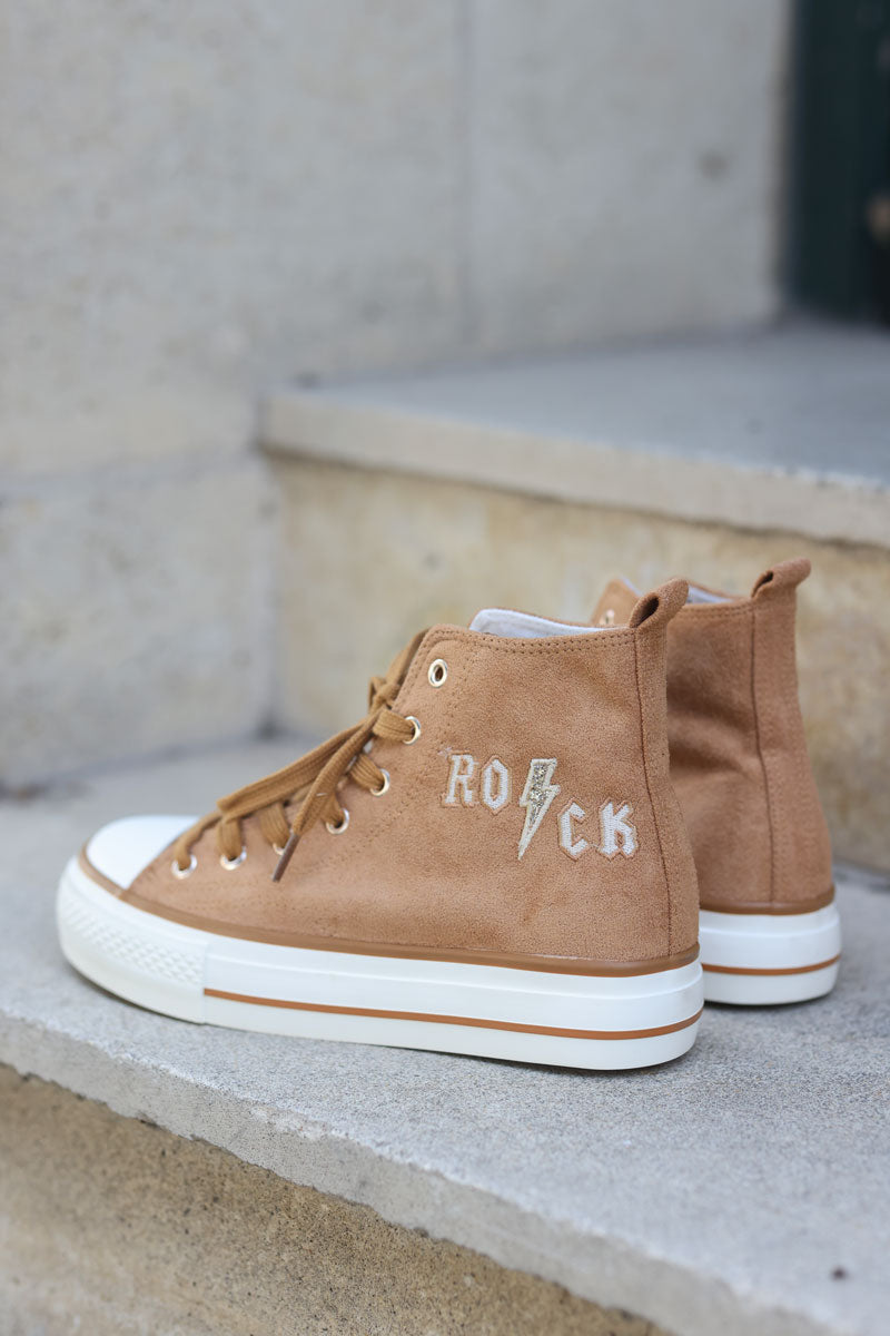 Camel suede hi sneakers with rock embroidery and sparkly details