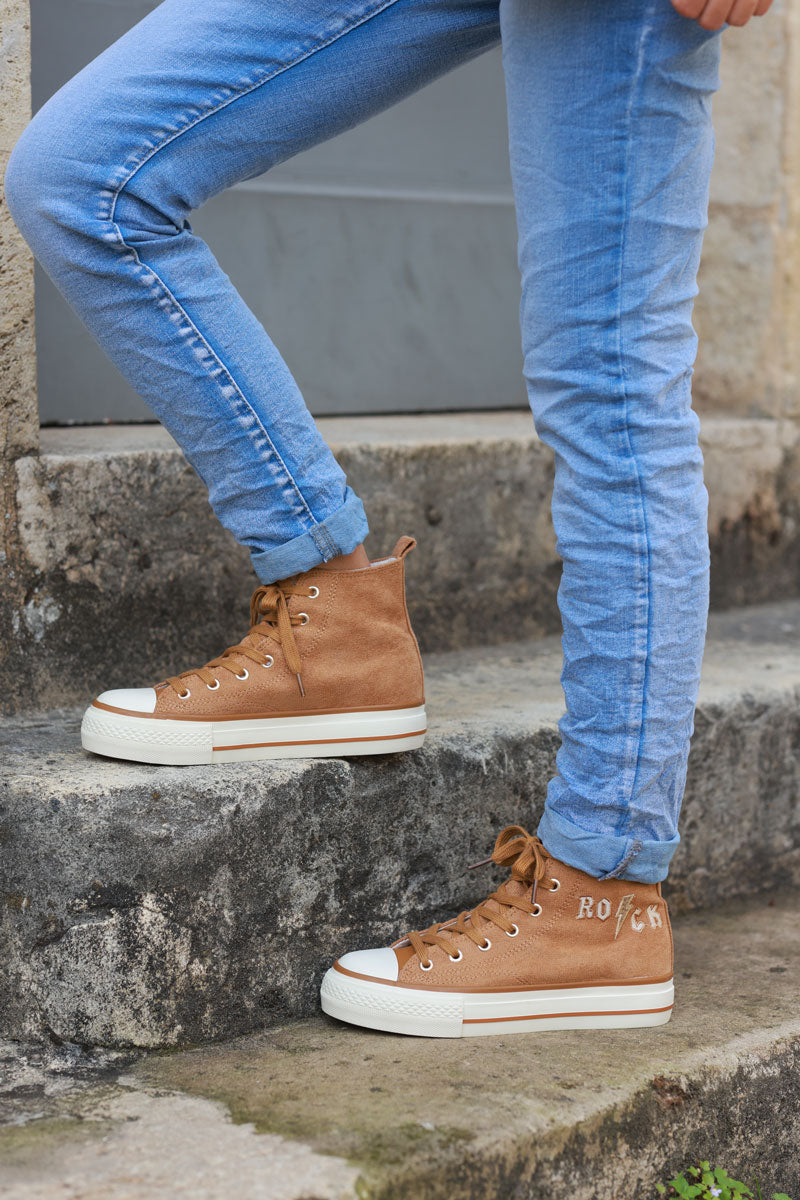 Camel suede hi trainers with rock embroidery and sparkly details