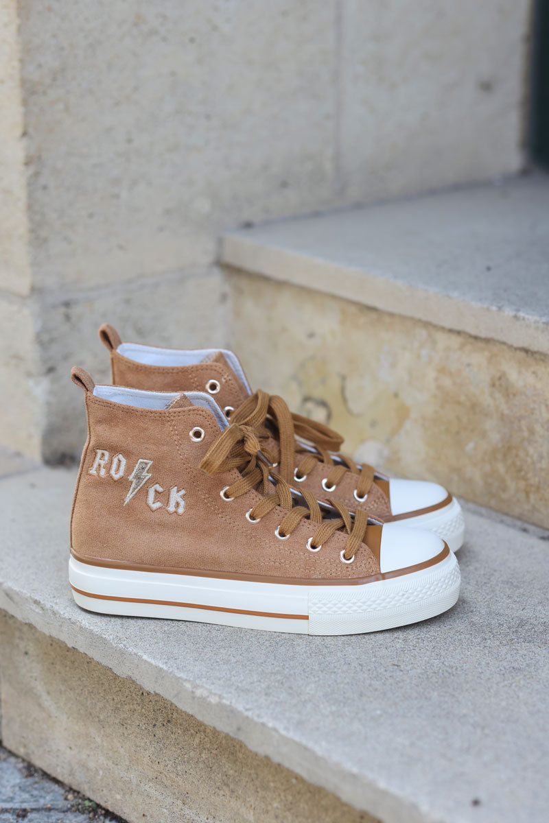 Camel suede hi sneakers with rock embroidery and sparkly details