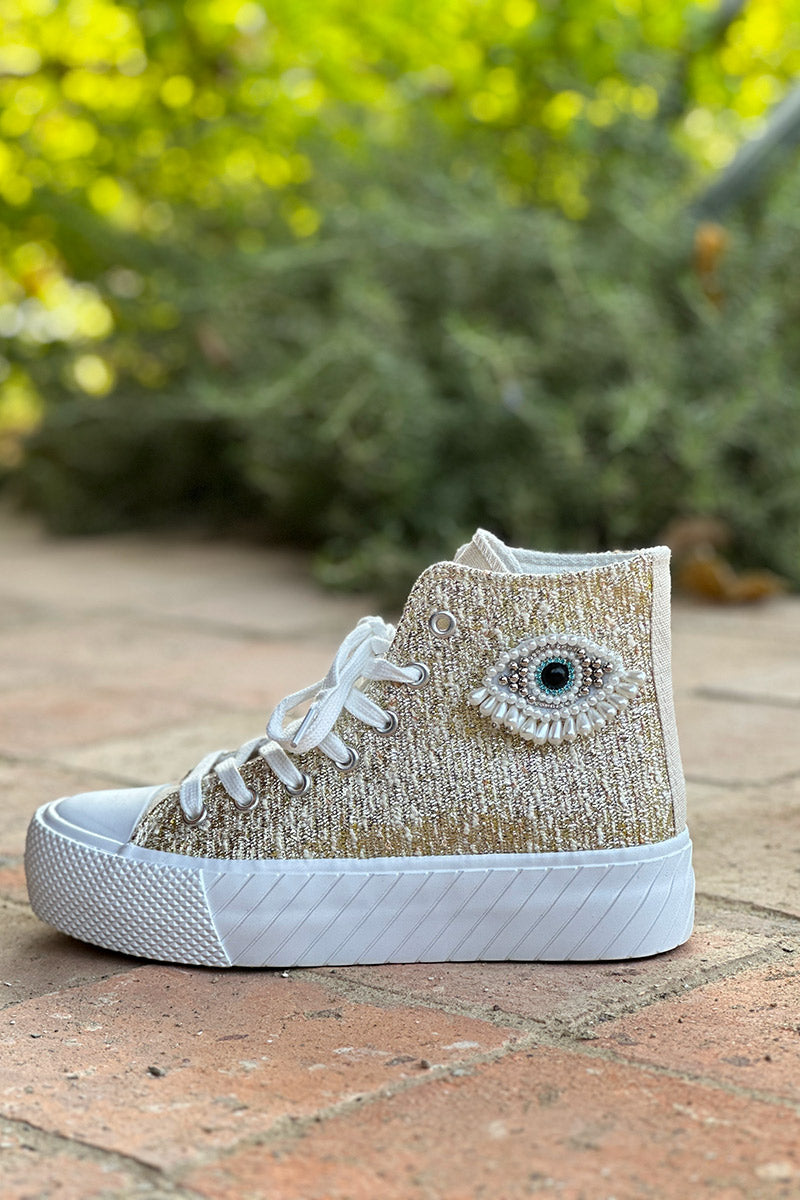 Gold Beaded Eye Tapestry High-Top Sneakers
