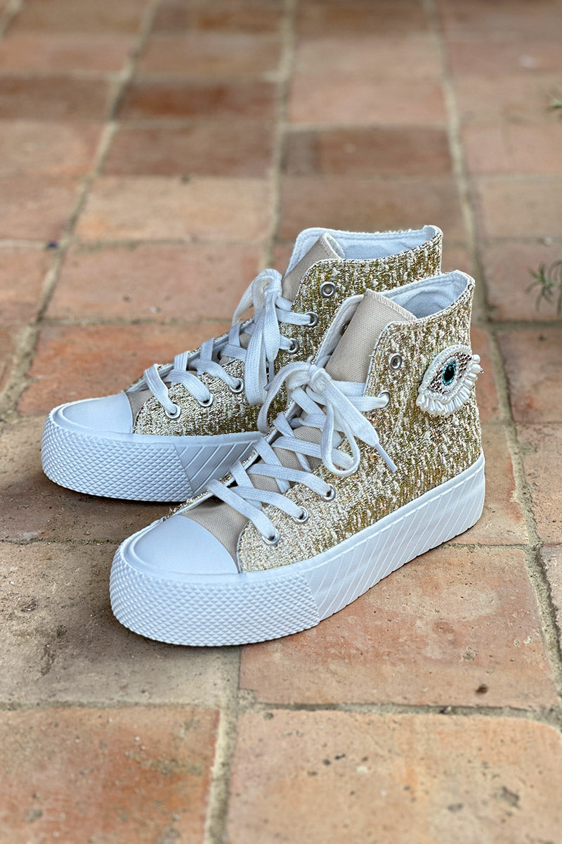 Gold Beaded Eye Tapestry High-Top Sneakers
