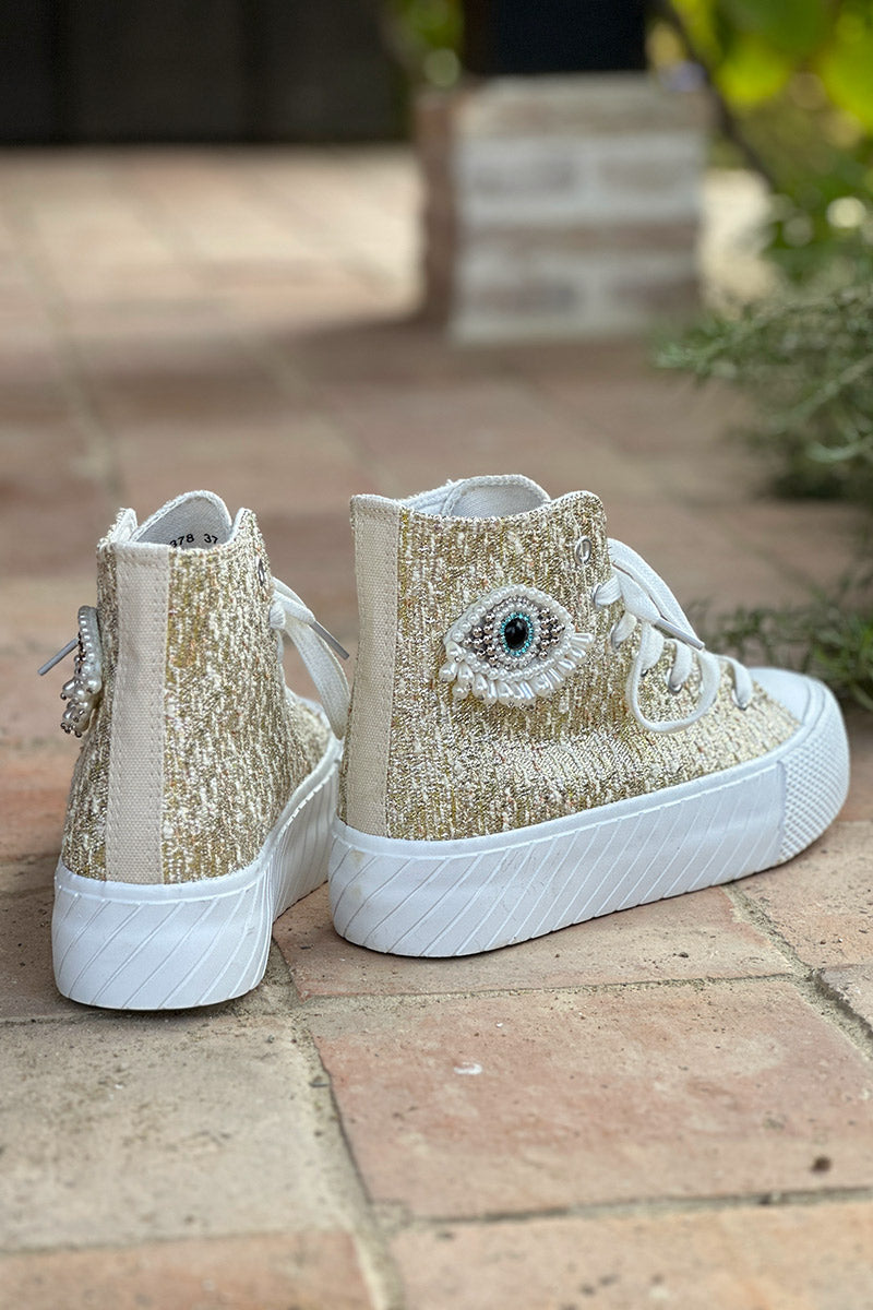Gold Beaded Eye Tapestry High-Top Sneakers

