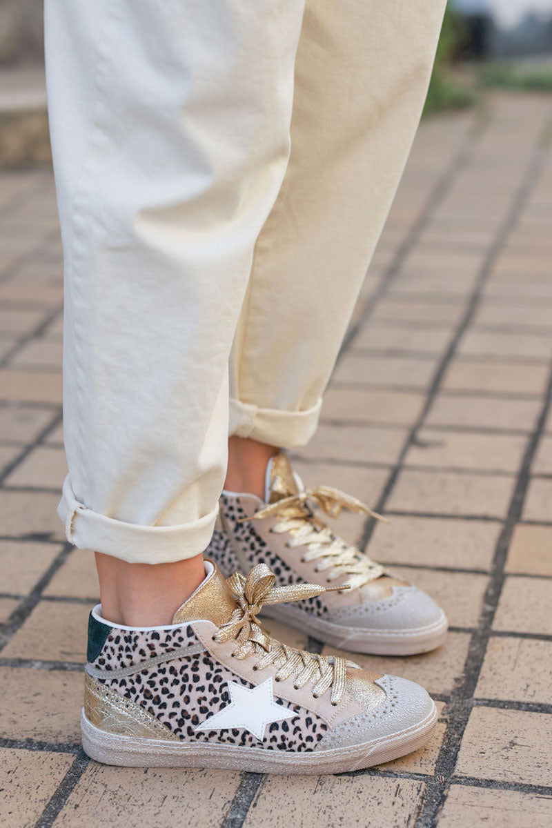 Zapatillas altas de leopardo de piel sintética doradas