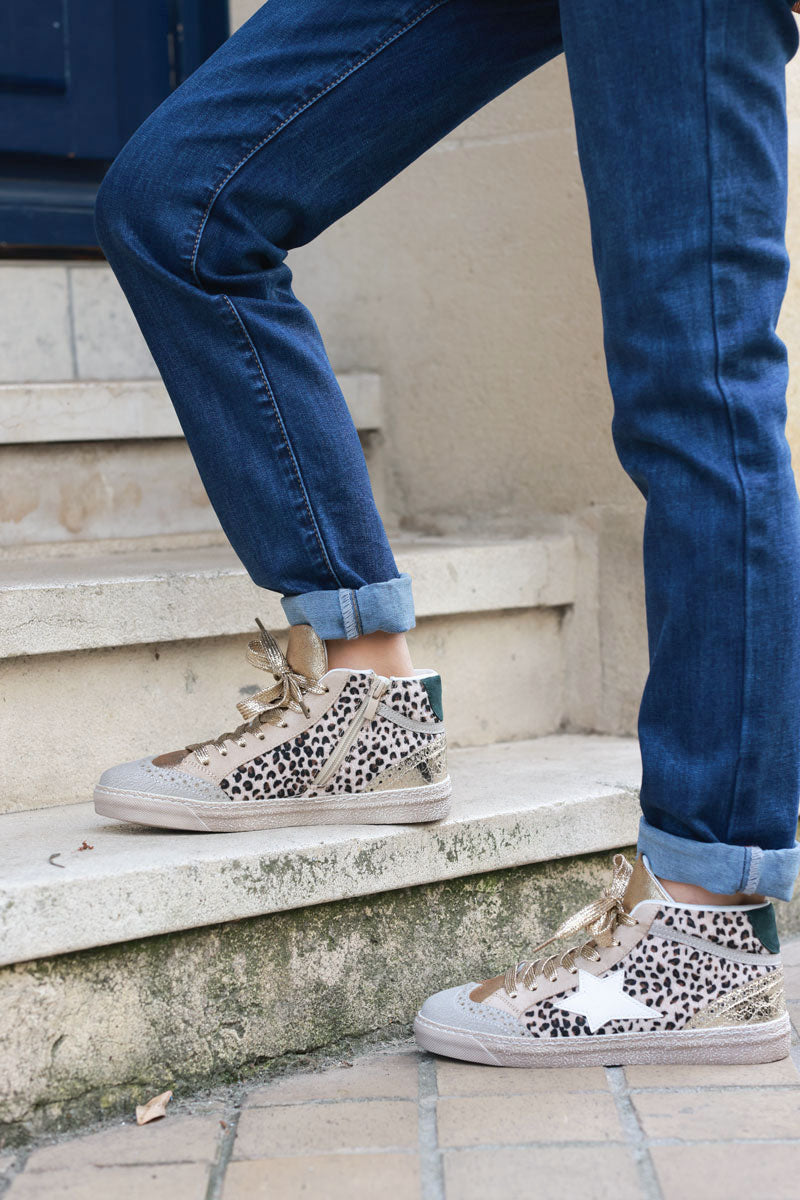 Hi sneakers with gold synthetic leopard synthetic fur Horizons Lointains