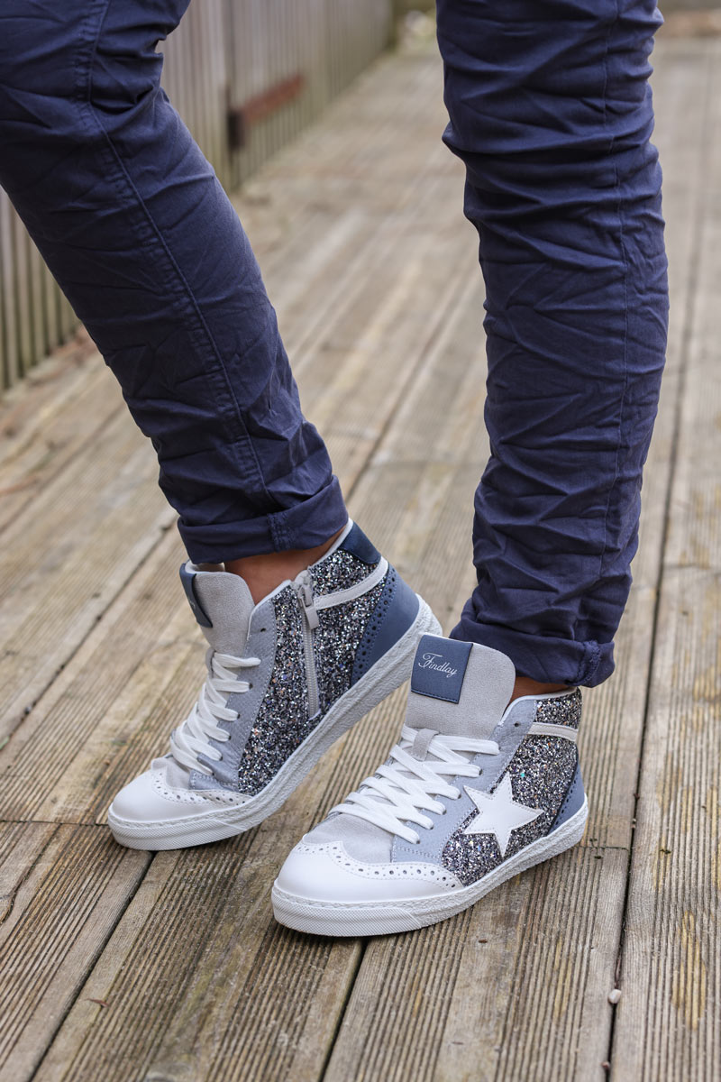Hi trainers in Navy blue glitter with star detail