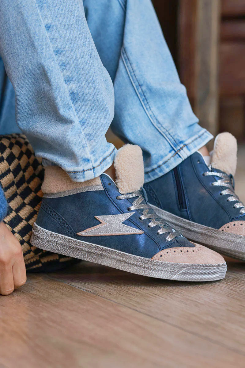 Navy Glitter Bolt and Sherpa High-Top Sneakers
