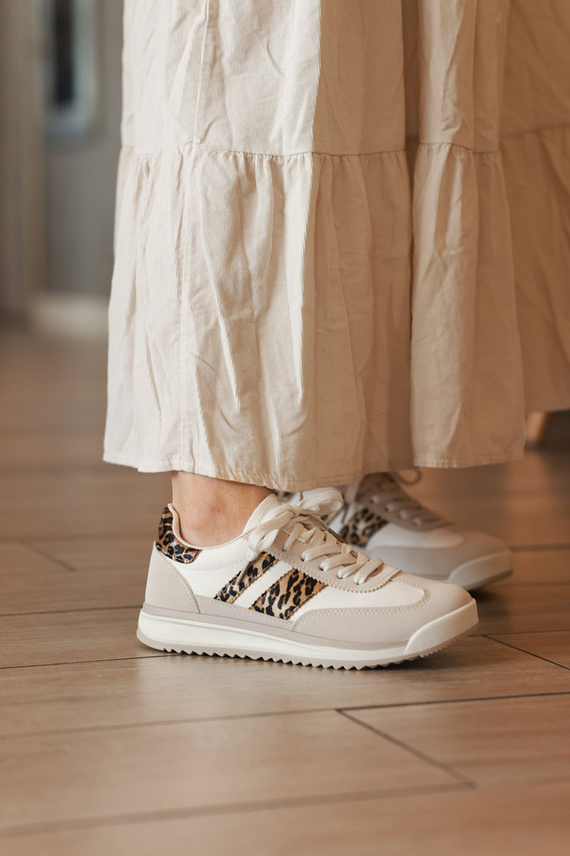 Cream and Leopard Stripe Chunky Heel Sneakers
