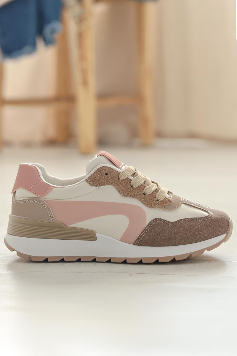 White sneakers with taupe and powder pink suedette detail