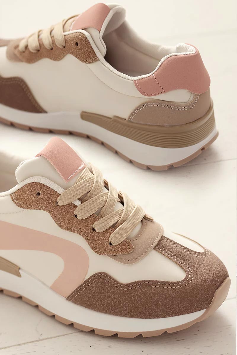 White sneakers with taupe and powder pink suedette detail