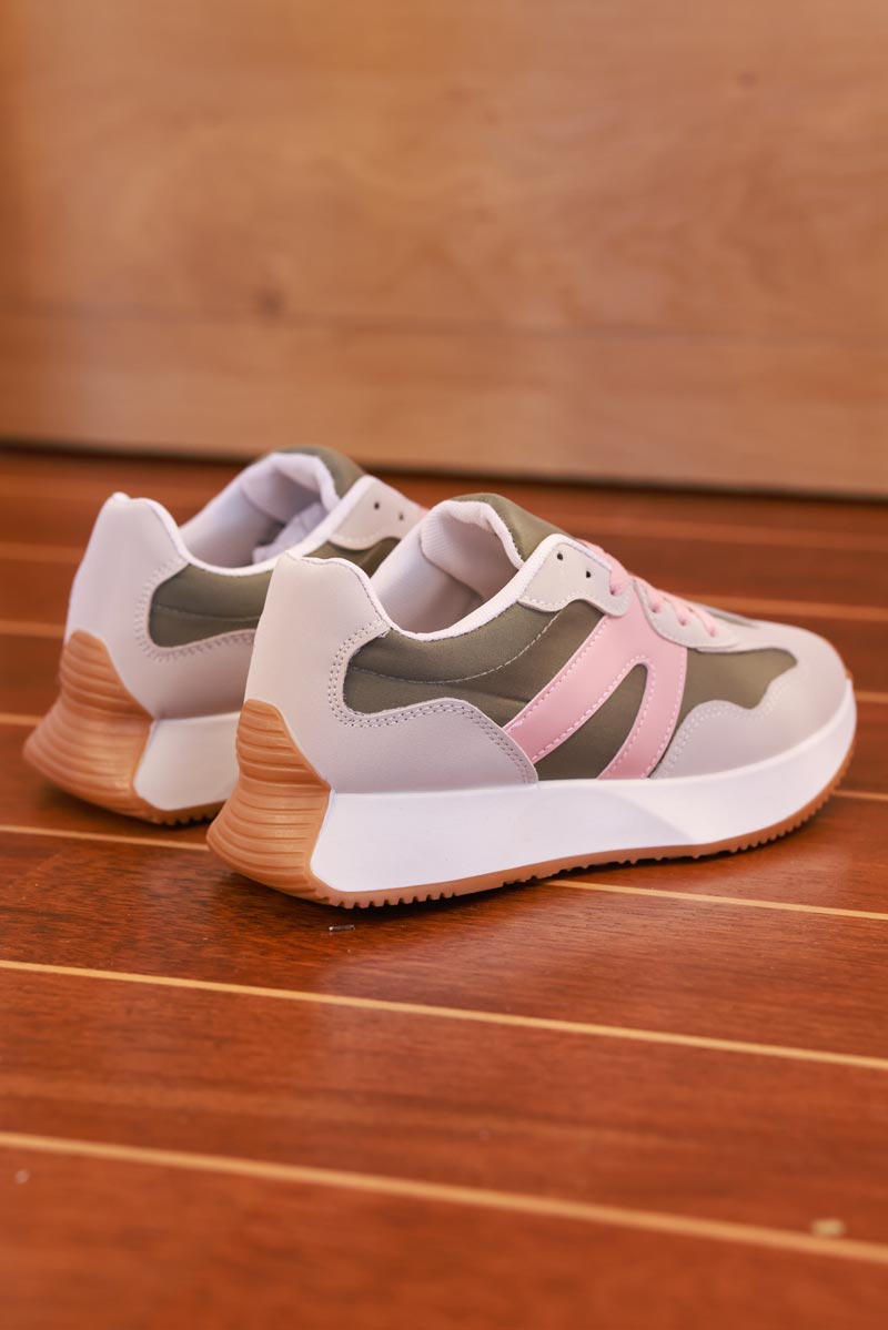 Olive and Pink Sueded Stripe Retro Active Sneakers
