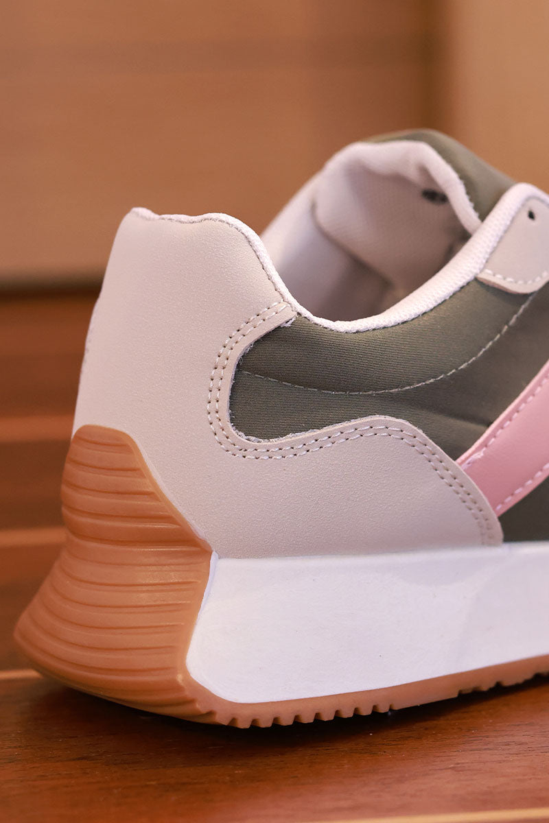 Olive and Pink Sueded Stripe Retro Active Sneakers
