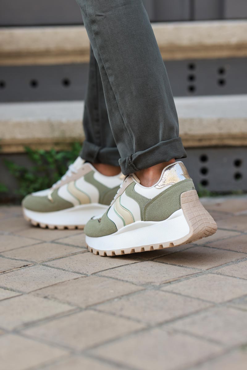 Beige and khaki flatform suede sneakers with gold details