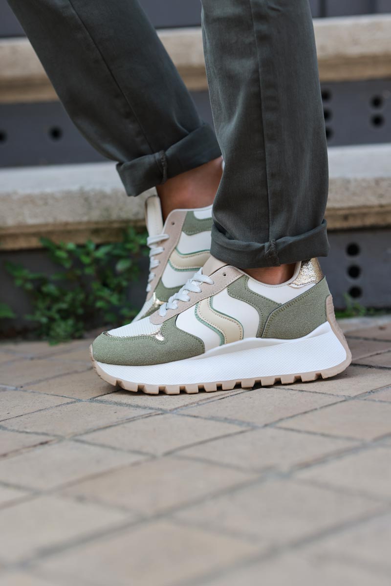 Beige and khaki flatform suede trainers with gold details