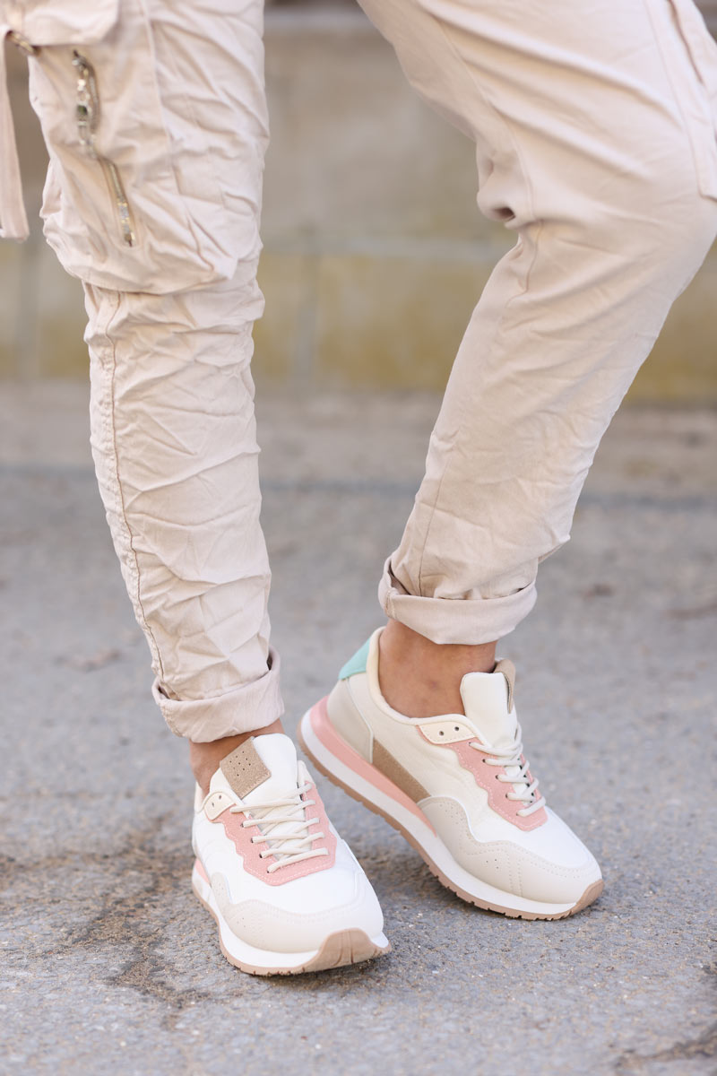 Running style sneakers in ecru, pink and beige