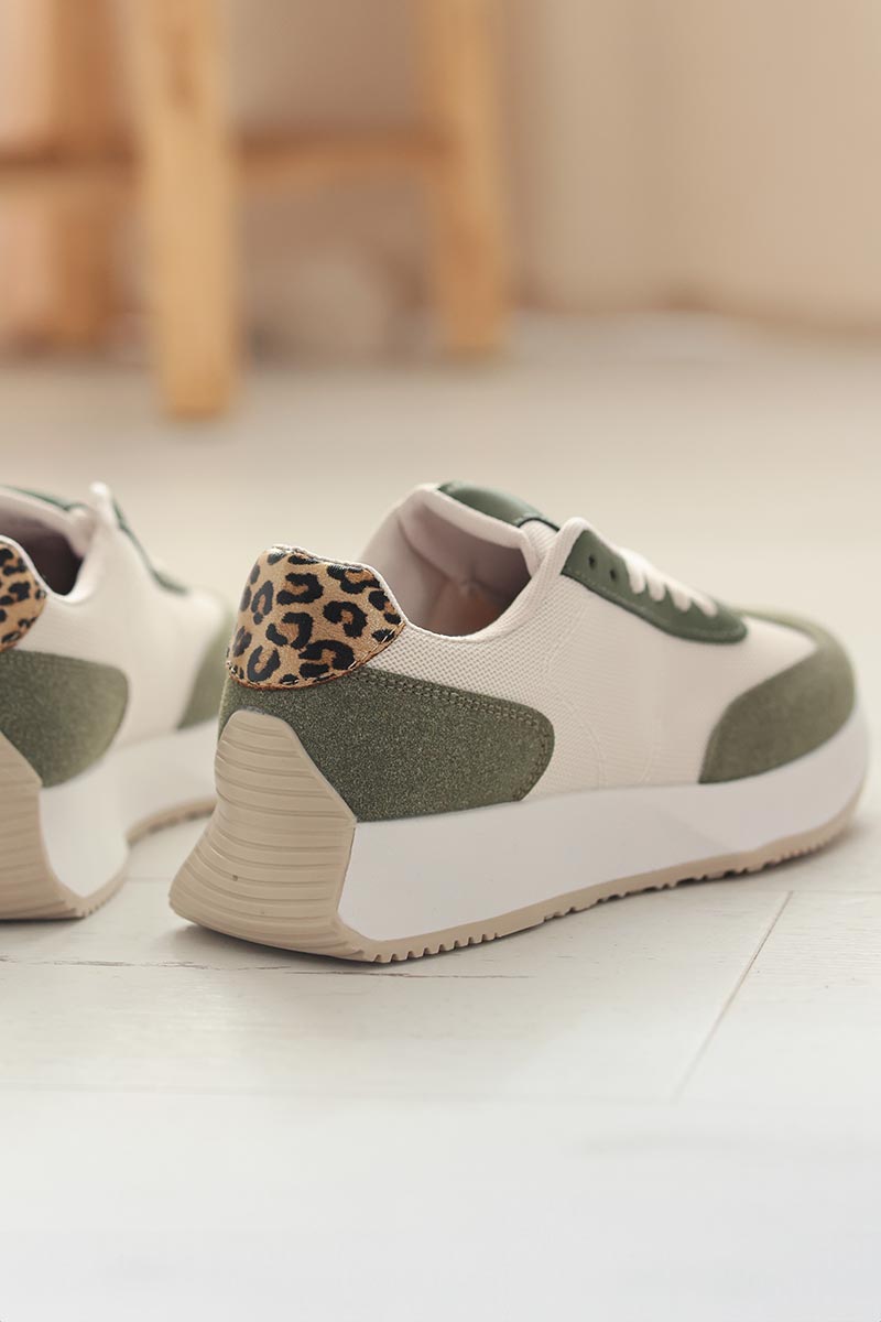 Running style trainers in khaki suedette and leopard