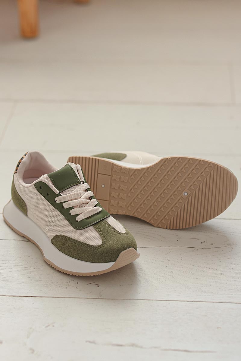 Running style trainers in khaki suedette and leopard
