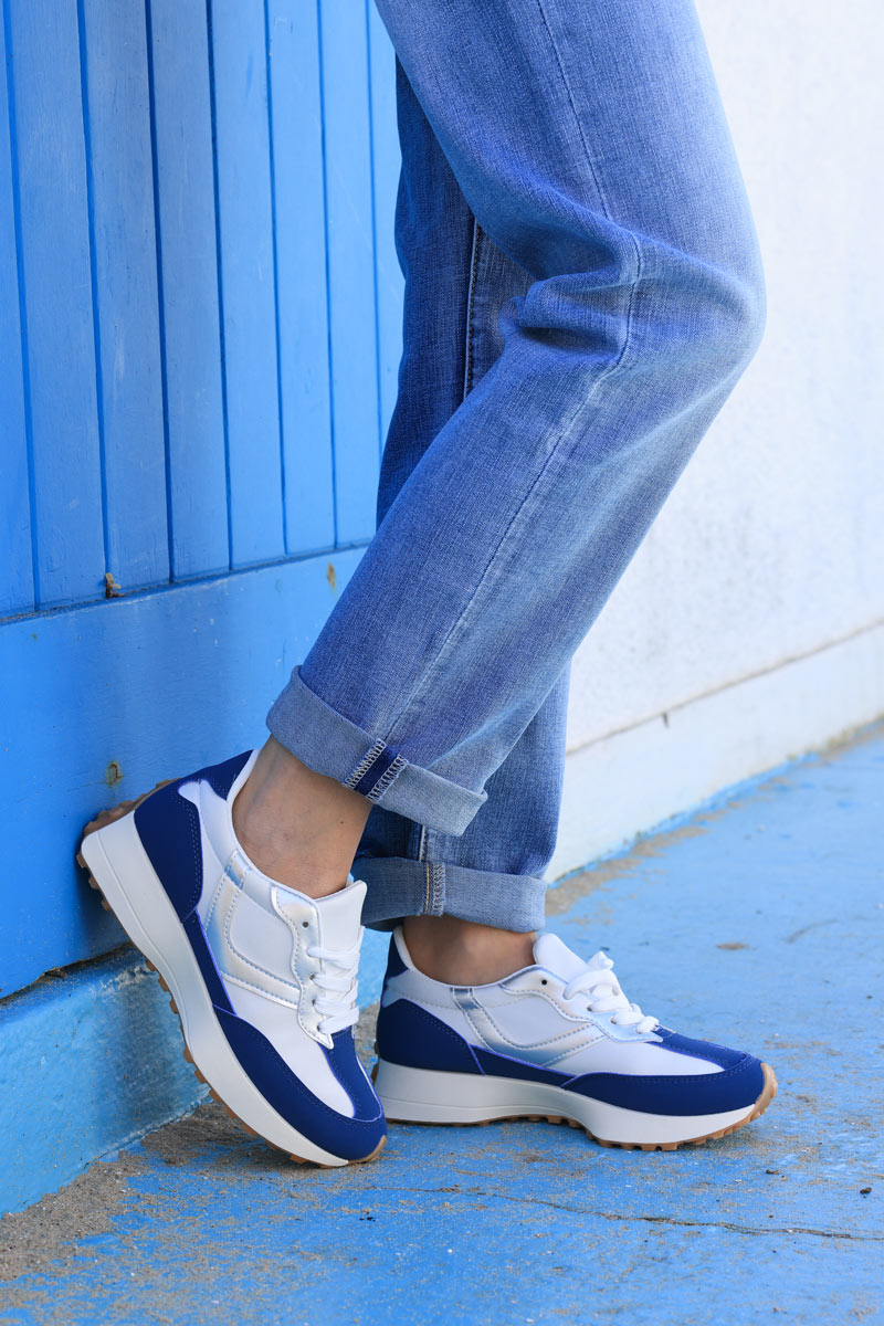 Running-style sneakers in white and navy blue suedette