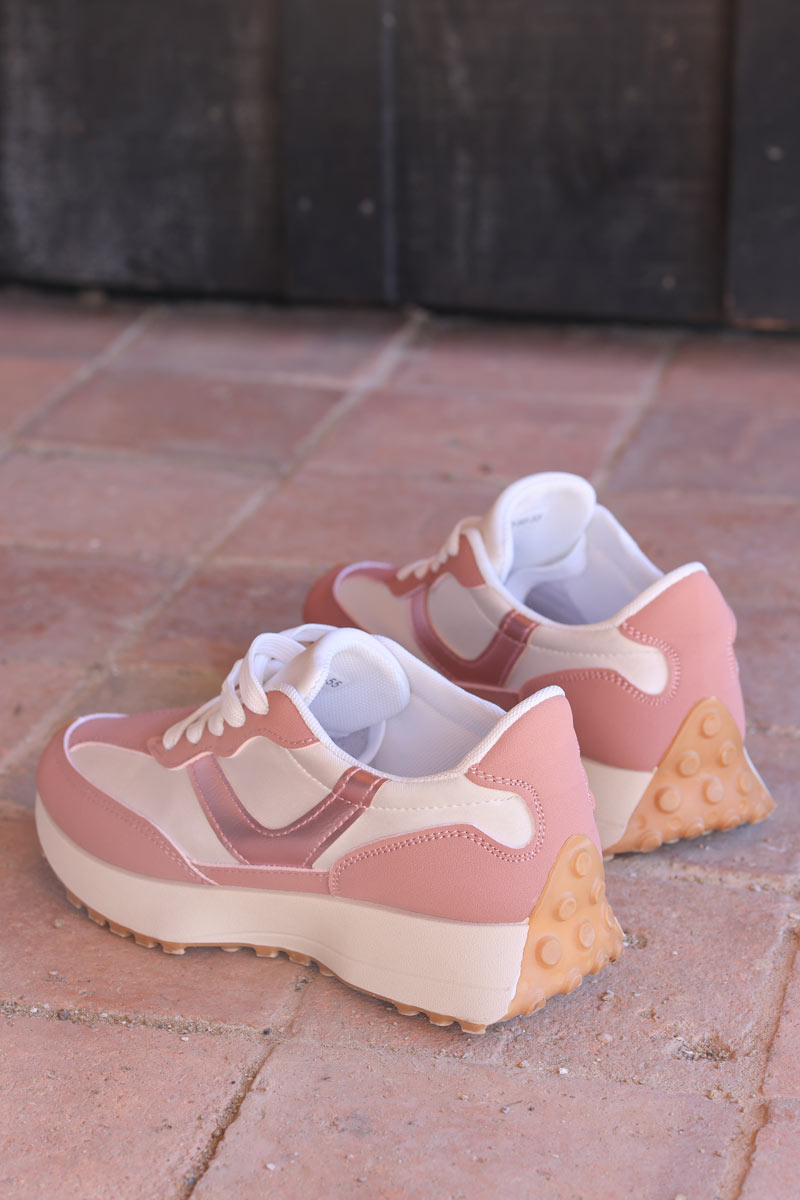 Running-style sneakers in white and dusty pink suedette