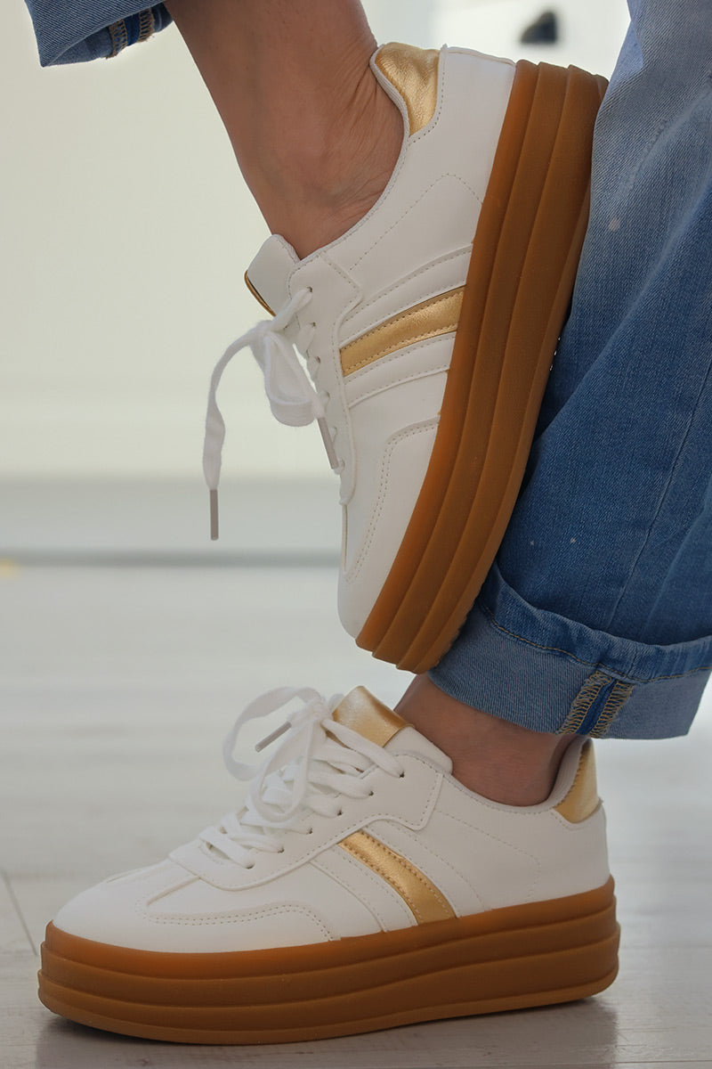 White Vegan Leather Striped Gold Heel Sneakers