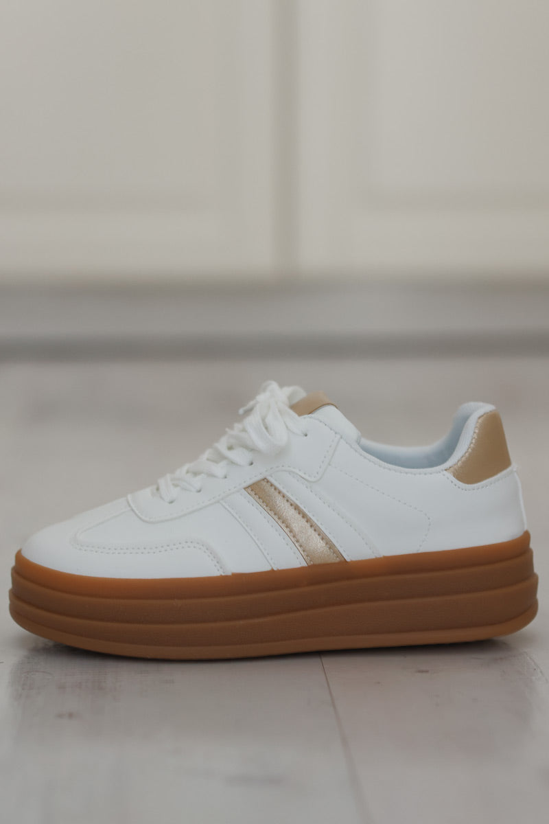 White Vegan Leather Striped Gold Heel Sneakers