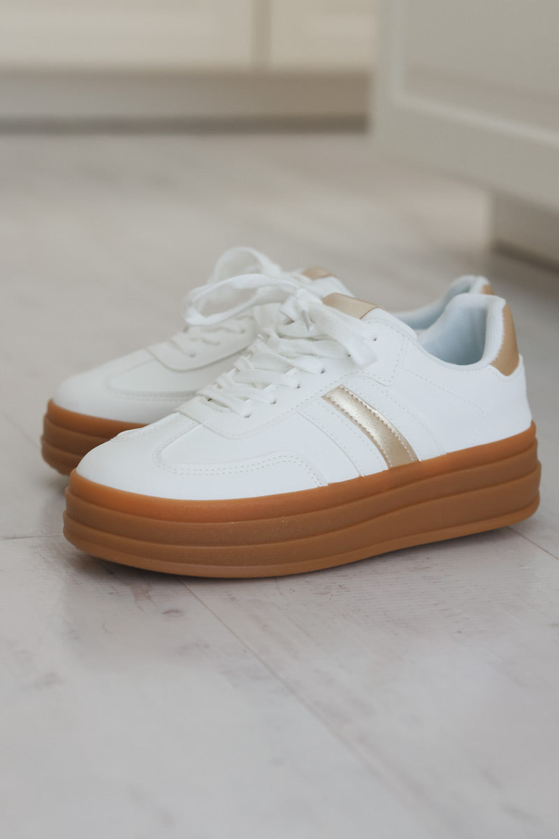 White Vegan Leather Striped Gold Heel Trainers