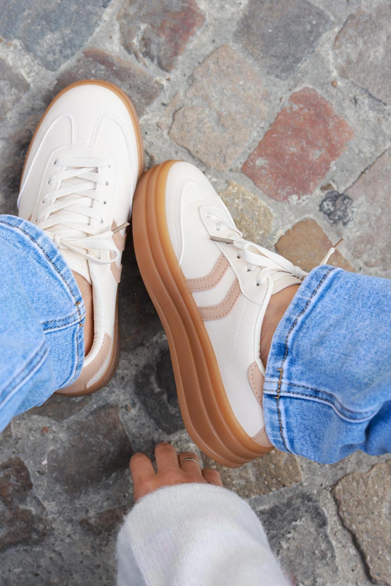 Cream and Beige Striped Sport Sneakers