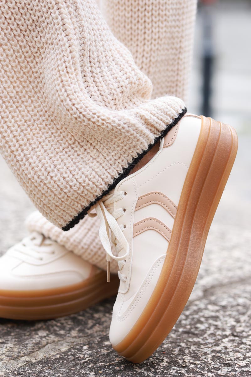 Cream and Beige Striped Sport Sneakers