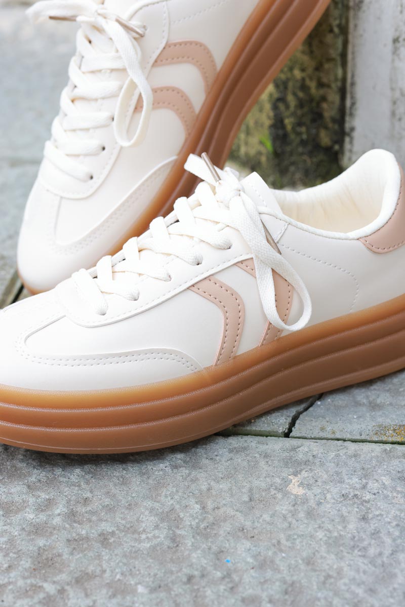 Cream and Beige Striped Sport Sneakers