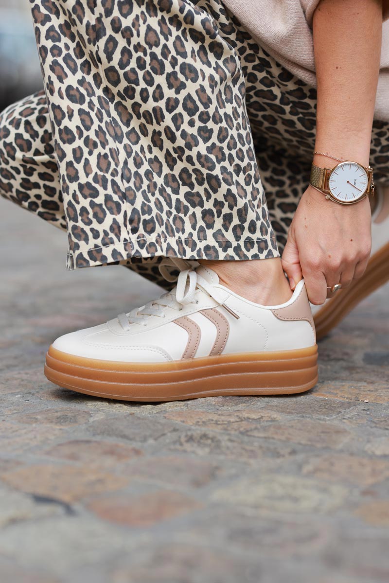 Cream and Beige Striped Sport Sneakers