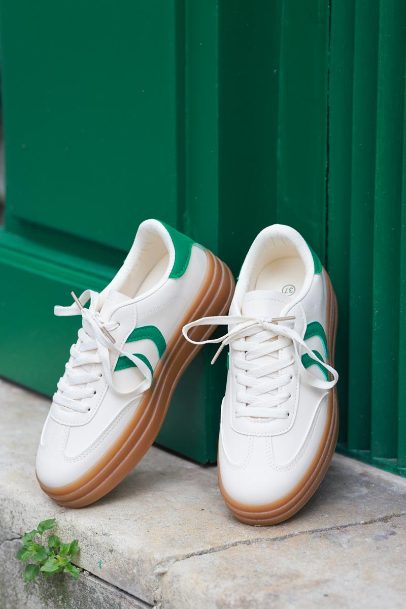 Cream and Green Striped Sport Sneakers